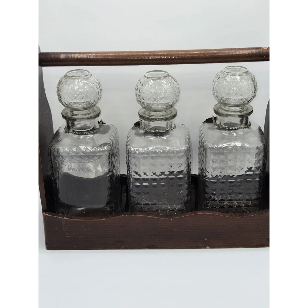 Mid Century Glass Liquor Decanter‎ Set Wood Caddy Scotch Bourbon Vodka 3 Bottle